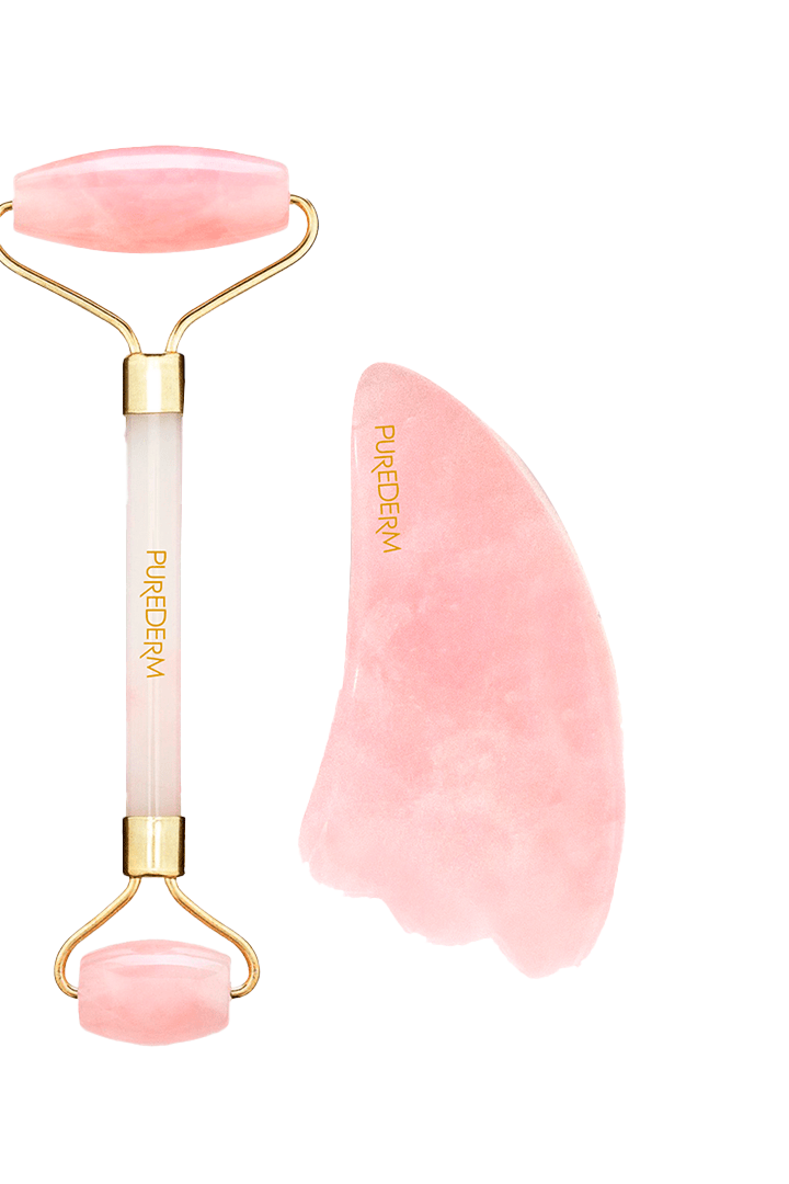 Rodillo facial y GuaSha de Cuarzo Rosa